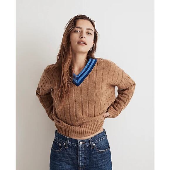 Madewell Tipped V-Neck Caramel Oversized Pullover Sweater Size Small - Picture 1 of 12